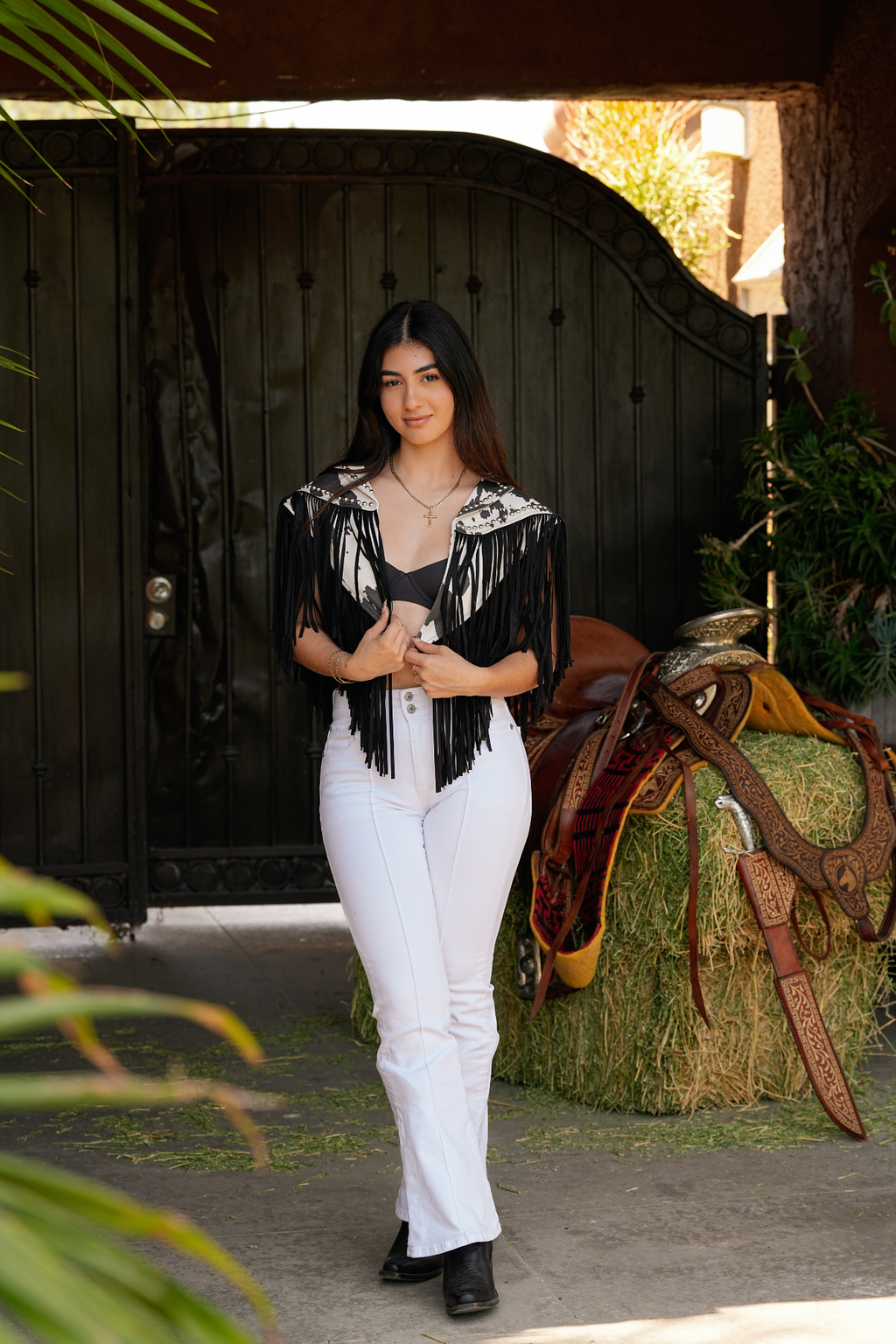 Deorro-Cow Print Fringe Shrug