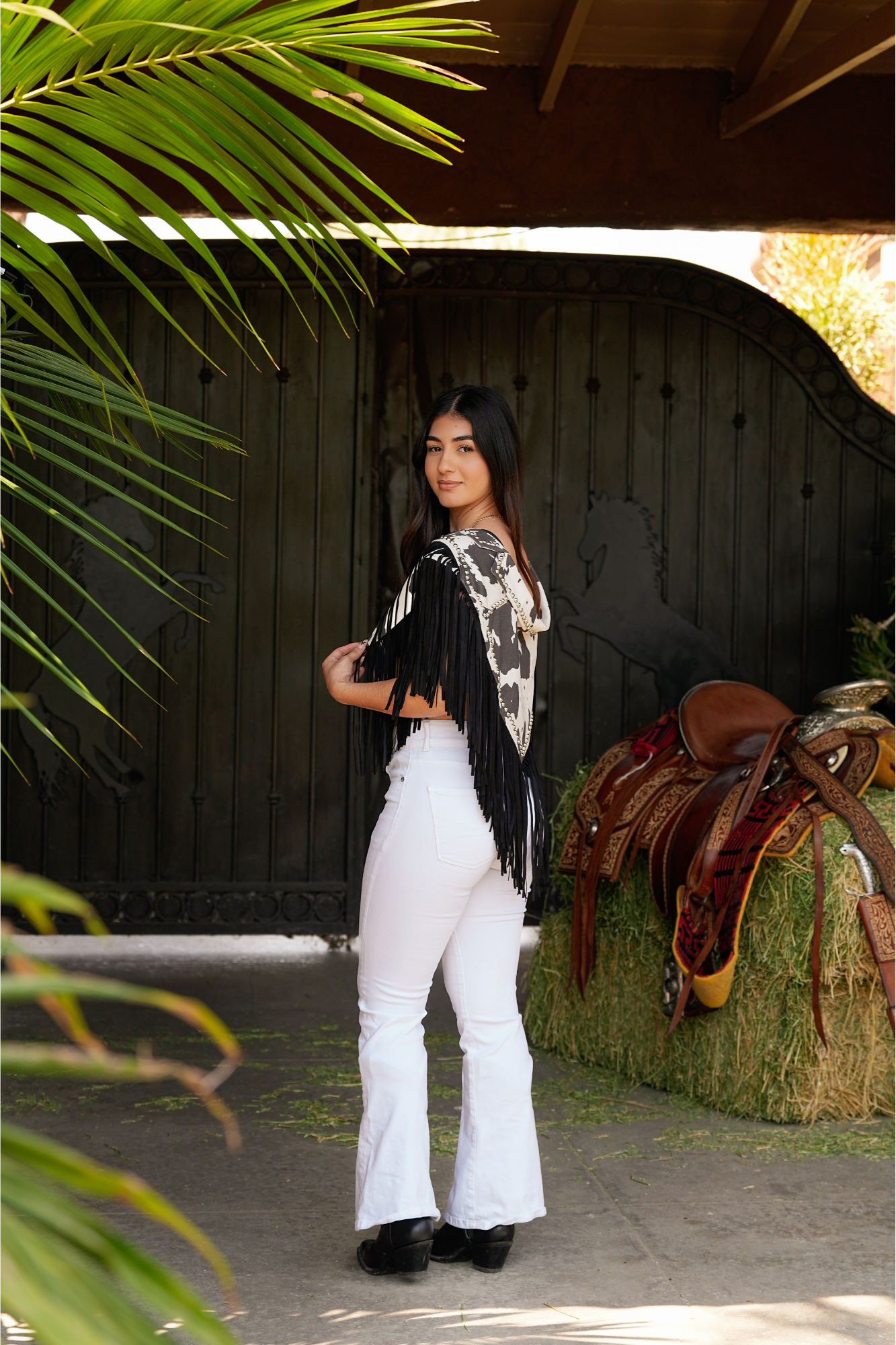 Deorro-Cow Print Fringe Shrug