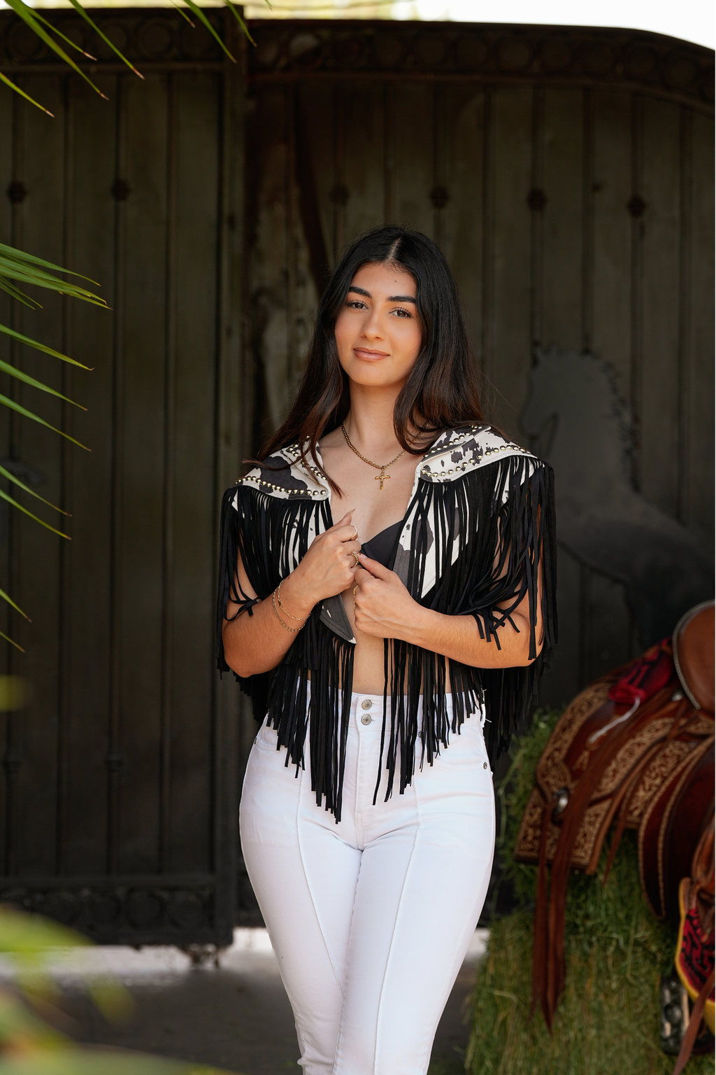 Deorro-Cow Print Fringe Shrug